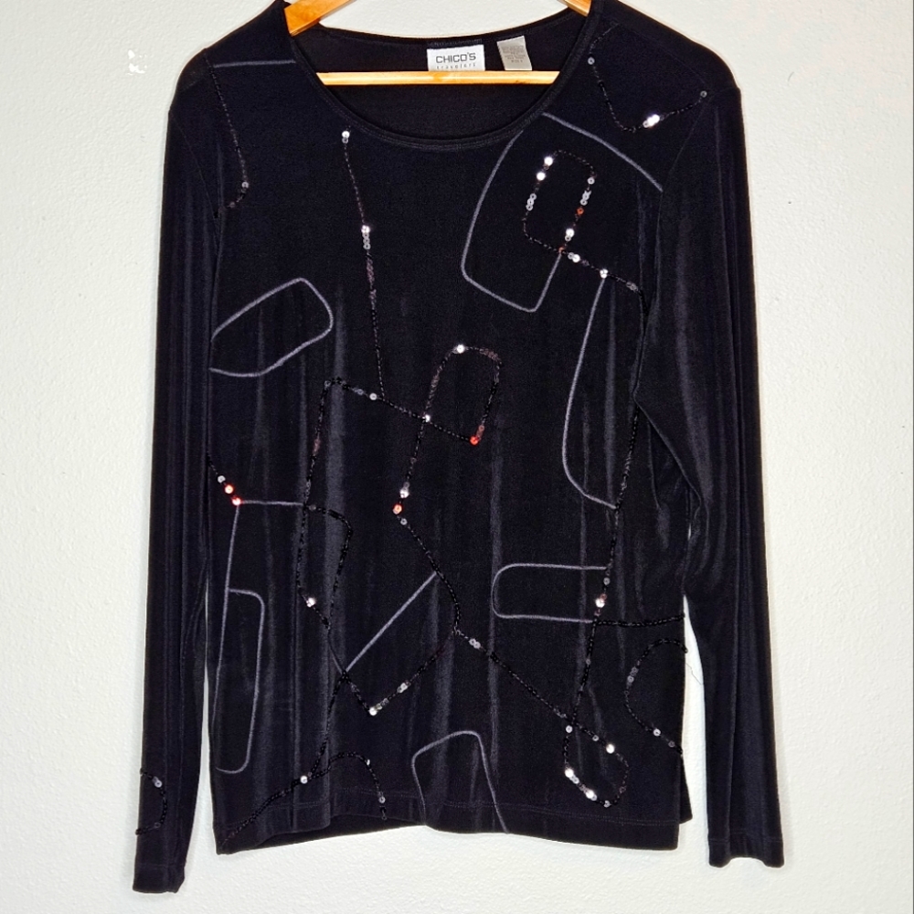 Chico’s Black Stretch Top with Sequins Long Sleeves Size 2 - Large